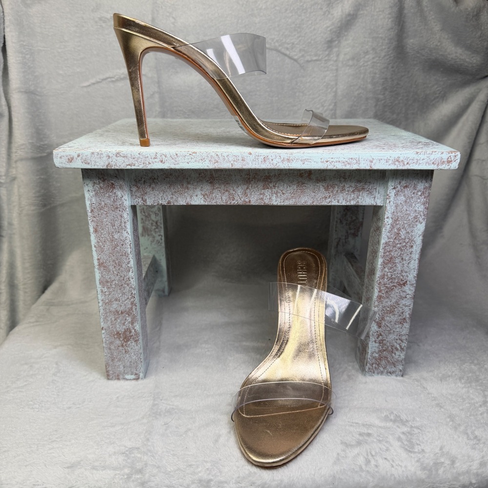 Schutz Ariella Leather Sandals Womens 10B Gold Clear Double Strap Stiletto Heel